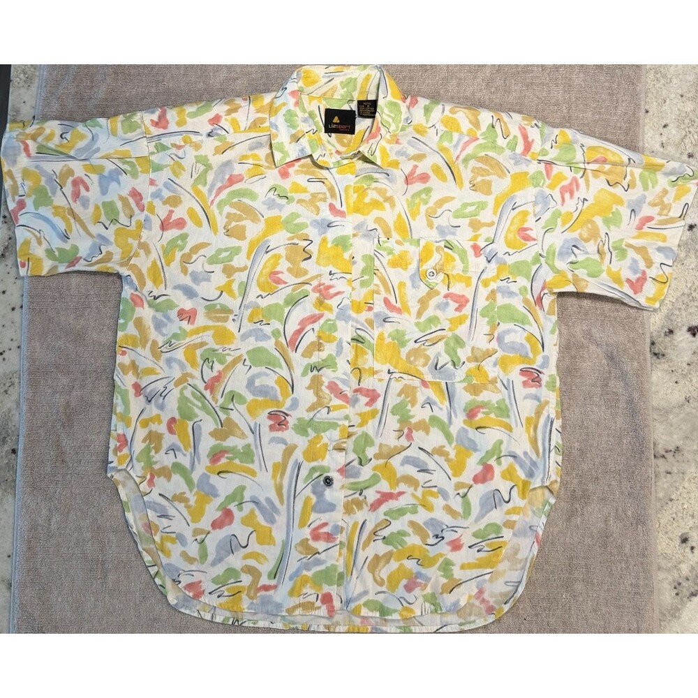 Lizsport Petites Abstract Print Woven Cotton Collared Button-Up Shirt- S Petite